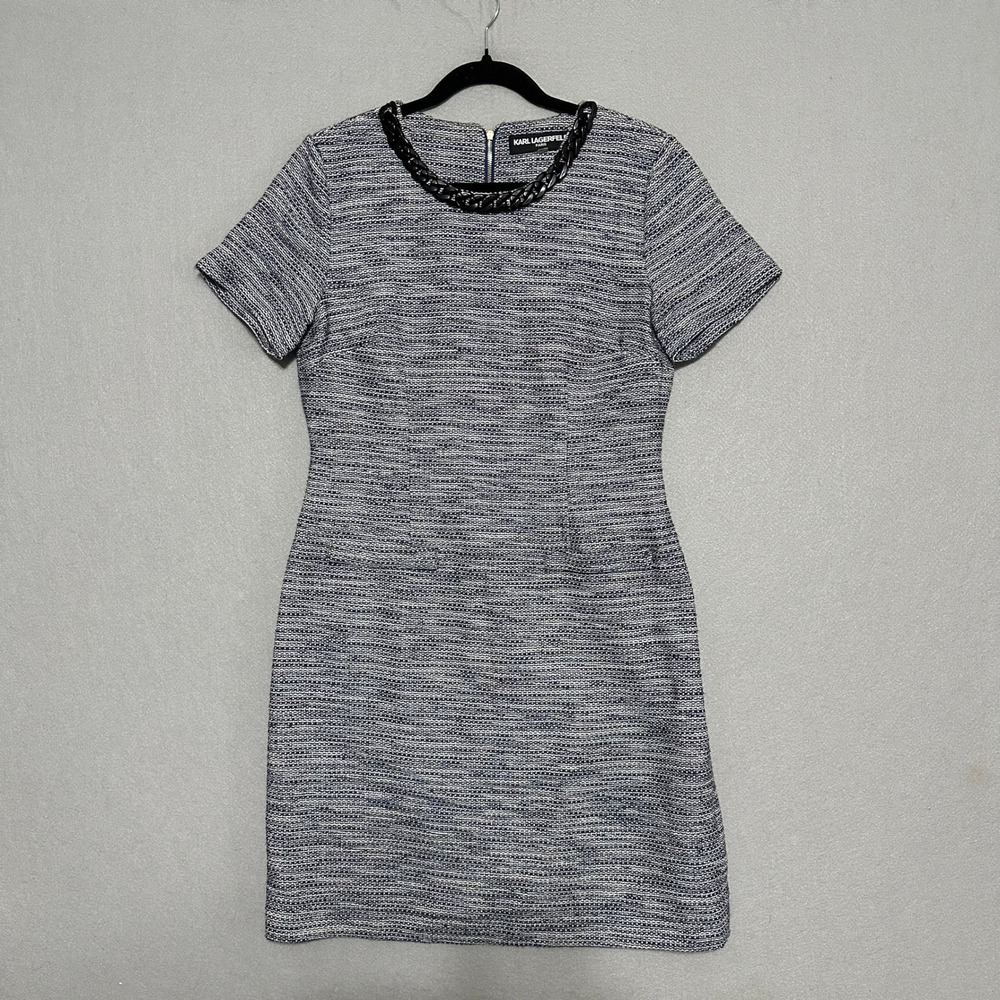 Karl Lagerfeld Paris Blue White Tweed Chain Neck Sheath Dress Womens